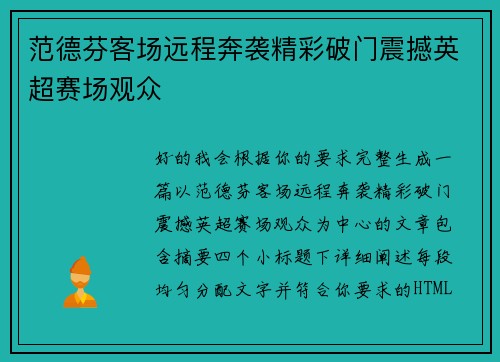 范德芬客场远程奔袭精彩破门震撼英超赛场观众